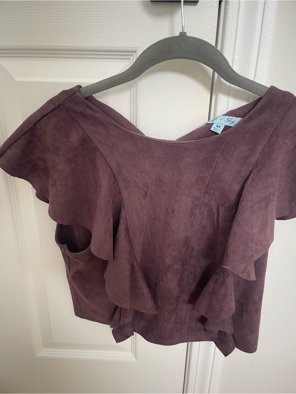 She & Sky Women's Ruffle Sleeve faux Suede Top - Mauve (M)